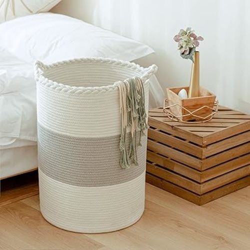 72L Woven Laundry Basket,Tall Wicker Laundry Basket for Blankets,Clothes,Pillows,Toys,Shoes Large Cotton Laundry Hamper for Bedroom,Living Room,Bathroom