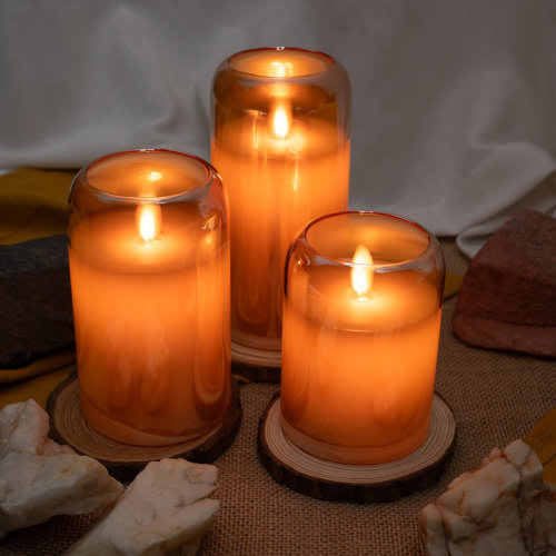 LED Mirrored Glass Round Hurricane Pillar Flameless Candles, Real Wax Moving Wick Dancing Flickering Flame, Battery Operated (Included), Remote & Timer (Set of 3) | Gold