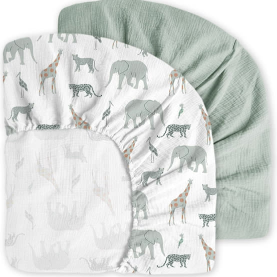 Little Grape Land Muslin Crib Sheets Fitted for Boys and Girls 2 Pack, 100% Cotton Baby Bed Sheets Soft Breathable, Neutral Fitted Baby Mattress Sheets for Standard Crib 52x28, Safari