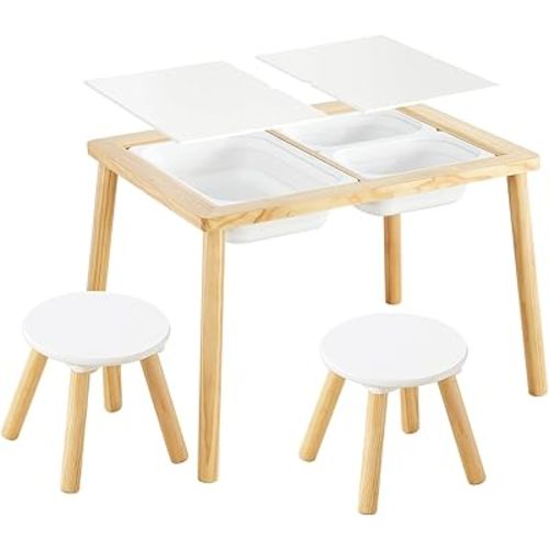 Beright Kids Table and Chair Set, Indoor Sensory Table with 2 Chairs and 3 Storage Bins, Play Sand Water Table for Toddlers, Wooden Activity Table, Gift for Birthday, Christmas