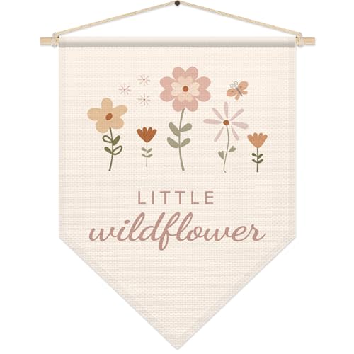 Wildflower Nursery Decor, Boho Poster Hanger Frame, Little Wildflower Hanging Pennant Flag Banner, Birthday Christmas for Baby Girl Kids, Girls Room Decor, Floral Canvas Wall Art for Bedroom Playroom