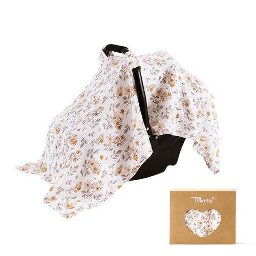 TILLYOU Baby Car Seat Cover, Breathable Muslin Cotton Infant Car Seat Cover, Lightweight Canopy with Sun and Bug Protection(Yellow Flower)