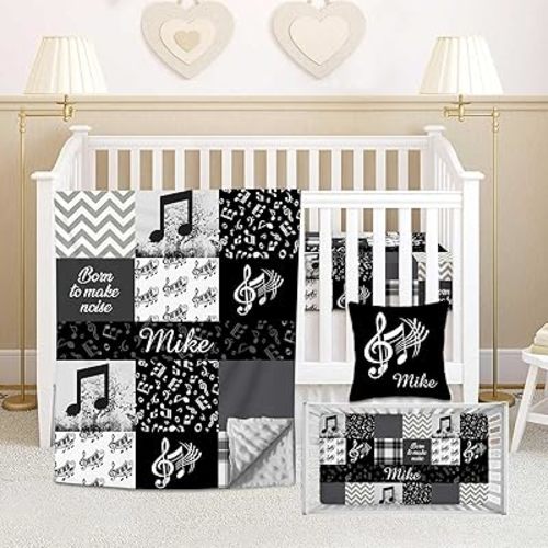 Custom Baby Crib Bedding Set for Boys – 3-Piece Personalized Name Set with Minky Blanket, Fitted Crib Sheet & Pillowcase – Soft Music Nursery Bedding, Ideal for Newborns, Toddlers & Baby Gifts
