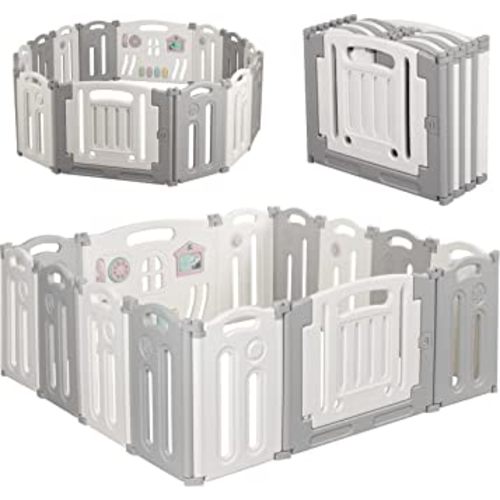 Gupamiga Foldable Baby playpen Baby Folding Play Pen Kids Activity Centre Safety Play Yard Home Indoor Outdoor New Pen 12+2 Panels (Gery) (White Grey)