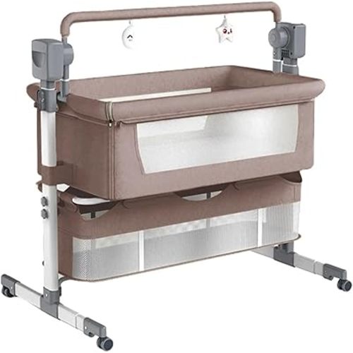 Electric Bluetooth Smart Baby Bedside Bassinet, Baby Bassinet Bedside Sleeper, Next to Me Crib with Wheels, Foldable Co-Sleeping Bed Bassinet for Newborn with 5 Swaying Gears and Remote (601 Khaki)