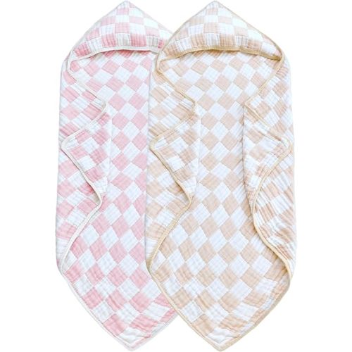 Ultra Soft Checkered Muslin Hooded Baby Towels for Newborn Boys and Girls 2 Pack 32x32 inch Cotton Muslin Baby Bath Towels for Newborns Toddlers,Newborn Essential (Cream and Pink)