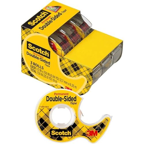 Scotch® Double-Sided Tape, 1/2 in x 250 in (12.7 mm x 6.35 m), 3 Pack