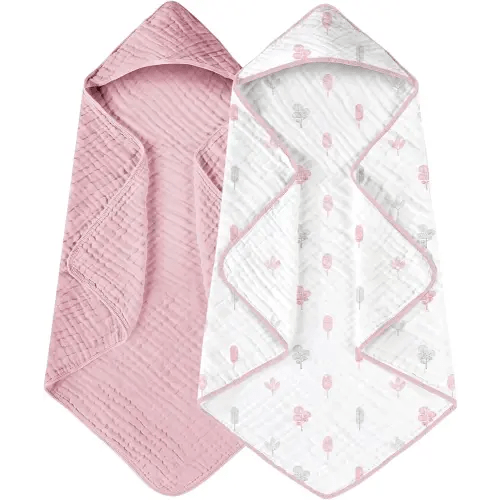 Yoofoss Hooded Baby Towels for Newborn 2 Pack 100% Muslin Cotton Baby Bath Towel with Hood for Babies, Infant, Toddler and Kids, Large 32x32Inch, Soft and Absorbent Newborn Essential