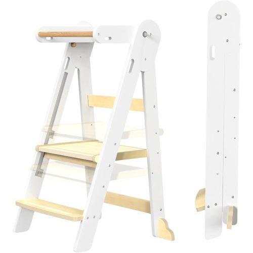 Grownsy Foldable Step Stool Toddler Tower, Toddler Kitchen Stool Helper, Collapsible Kids Standing Tower with 3 Adjustable Heights for Kitchen Bathroom Sink Counter (White)