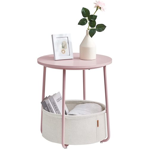 VASAGLE Small Round Side End Table, Modern Nightstand with Fabric Basket, Bedside Table for Living Room Bedroom, Jelly Pink and Classic White LET223R61 - Jelly Pink + Classic White