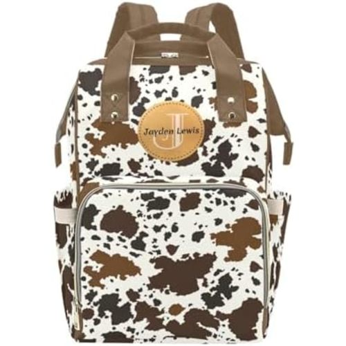 Personalized Baby Diaper Bag Backpack for Women, Custom Name Nursing Mommy Daypack, Diaper Bag for Girls Boys, New Mom Gifts (Cow Markings)