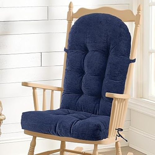 Rocking Chair Cushion - Chenille Fabric, High-Density Sponge, Durable Comfort Double-Sided Tufted Seat Pads with Ties, Chenille︱Deep Blue, 44x19x4 inch