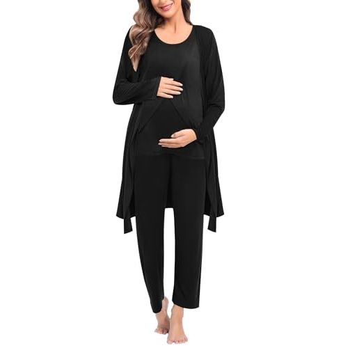 SWOMOG Maternity Nursing Robe Set 3 PCS Postpartum Breastfeeding Pajamas Hospital Pregnancy Pjs Double Layer Lounge Set