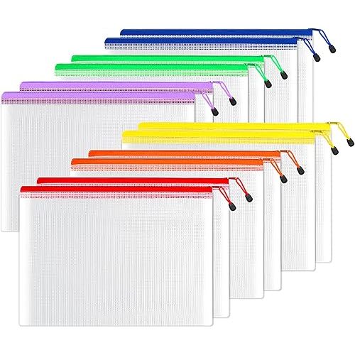 SUNEE 12pcs Mesh Zipper Pouch 11x16, Large Storage Bags for Board Game & Puzzle Organizing, Reusable Plastic Zip Organizer for Travel (A3, 6 Colors)