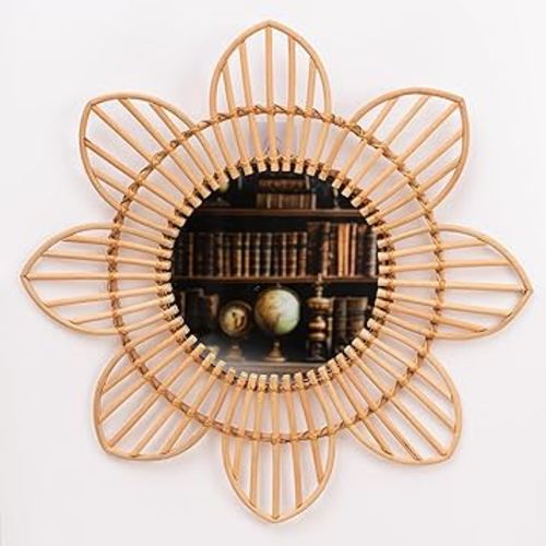 Mounted Mirror, 8 Petals Flower Wicker Rattan Decorative Mirrors for Living Room Bedroom Office (Large - D23.62 Inches)