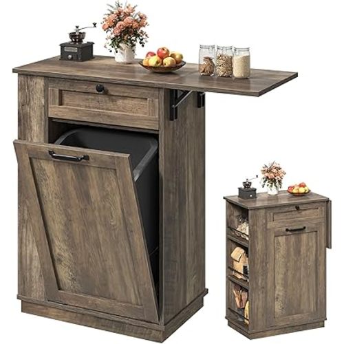DWVO 10 Gallons Tilt Out Trash Can Cabinet with Drop Leaf & Side Storage Rack, Freestanding Trash Cabinets Hidden Garbage Bin Cabinet w/Drawer, Antique Grey