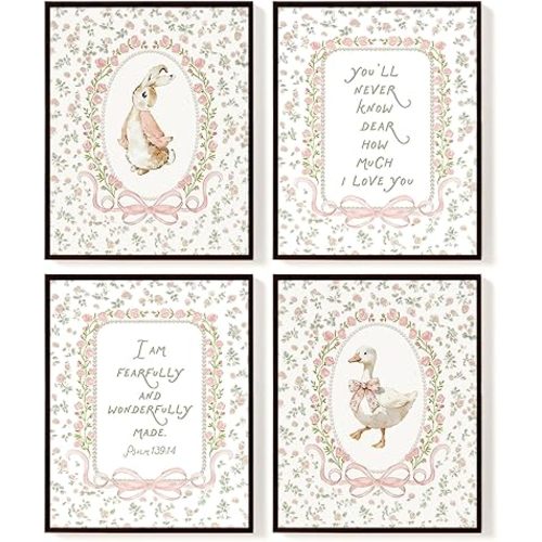 SkyCozy Pink Floral Christian Nursery Wall Art Decor, Grandmillennial Bunny Goose Poster & Prints, Cottagecore Floral Animal Wall Art for Girl Nursery Room Bedroom Decor 8x10Inch Set of 4 (UNFRAMED)
