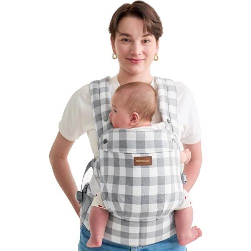Momcozy Baby Carrier with Natural Cotton Linen, Built to Last, Ergonomic Design, Lightweight and Comfortable, Hands-Free for Moms&Dads, Slate Checkerboard