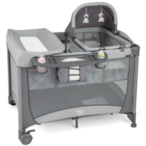 Topcobe 5-in-1 Portable Baby Playard with Cradle and Storage Basket, Toddler Playpen for Apartment, Baby Activity Play Fence, Gray