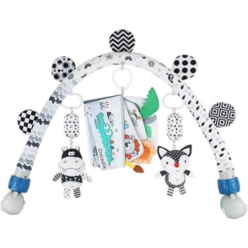 Caterbee Baby Activity Travel Mobile Arch Bassinet Toy, Black and White High-Contrast Bouncer Toy bar, Crib Toys with Hanging Animals, Stroller Attachment(Farm)