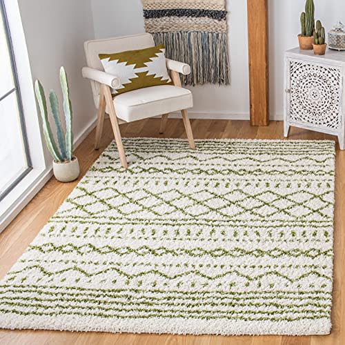 SAFAVIEH Arizona Shag Collection Accent Rug - 4' x 6', Ivory & Green, Moroccan Design, Non-Shedding & Easy Care, 1.6-inch Thick Ideal for High Traffic Areas in Entryway, Living Room, Bedroom (ASG741Y)