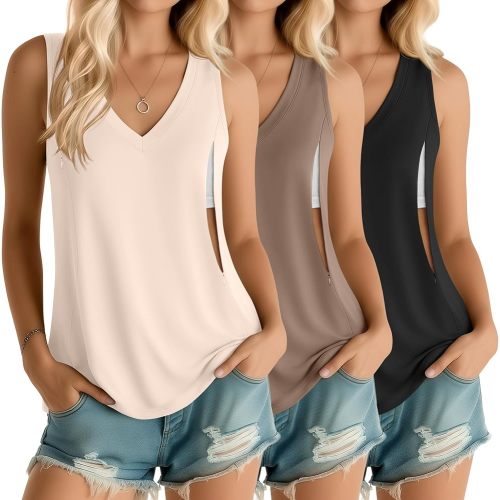 Ficerd 3 Pack Women's Nursing Tank Tops Breastfeeding Summer Hidden Zippers V Neck Sleeveless Shirts Loose Maternity Clothes