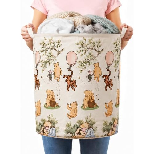 Sweet Baby Co. Classic Winnie Pooh Laundry Hamper With Hard Bottom Large Round Storage Canvas Cotton Nursery Basket Bin Waterproof Foldable Bathroom and Bedroom Stuff Clothes Toys Baby Vintage Decor
