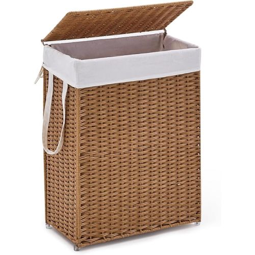 Slim Wicker Laundry Hamper with Lid, 55L Handwoven Rattan Basket with Handles, Narrow Laundry Basket with Removable Liner Bag & 2 Mesh Bags