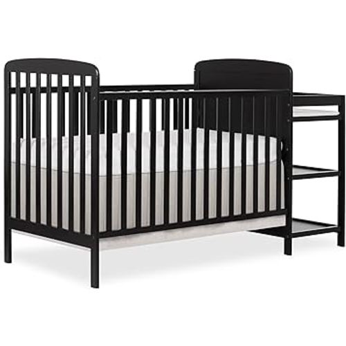 Dream On Me Anna 3-in-1 Convertible Full-Size Baby Crib & Changer with Storage in Black, GreenGuard Gold & JPMA, Pinewood, Converts to Day & Toddler Bed, 3 Mattress Heights, 1″ Changing Pad