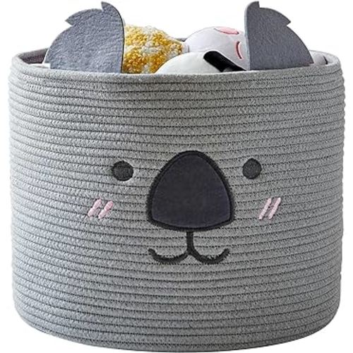 Animal Baskets Cotton Rope Storage Basket Woven Toy Basket Large Basket for Blankets Cute Koala Basket with Handles Foldable Animal Laundry Basket Nursery Basket Organizer, 15"D x 12.6"H (Grey)