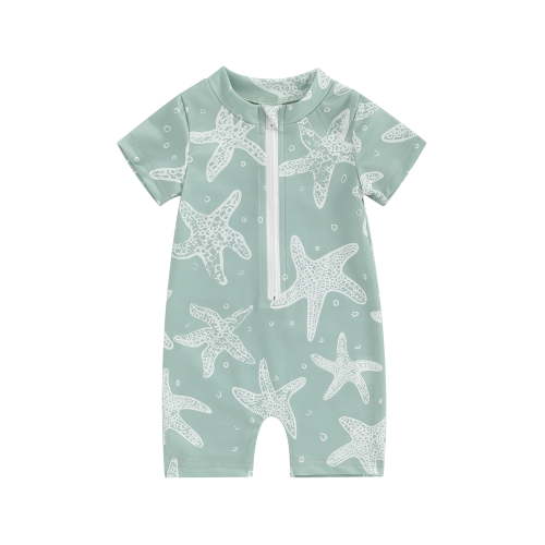 Qtinghua Infant Toddler Baby Boy Rash Guard Swimsuit Sun Protection Short Sleeve Crewneck Starfish Print Zipper Swimwear Green 3-6 Months
