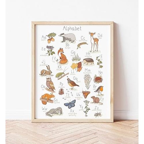 Retro Metal Tin Sign 12 X 16 Inches Woodland Alphabet Poster Woodland Animals Nursery Wall Art Montessori ABC Poster Nursery Alphabet Kids Room Woodland Nursery Decor Home Decoration Art Poster