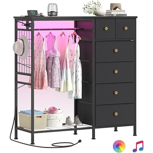 47.2" White Dresser with Hanging Rack, 2 in 1 Bedroom 6 Drawers with LED Lights & Charging Station, Wooden with Fabric Drawers and Clothing Rack (Black-3)