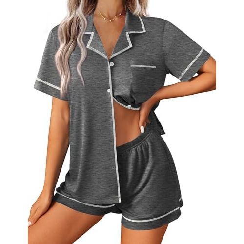 Ekouaer Womens Pajama Set Button Down Sleepwear Short Sleeve Pjs Top and Short with Pocket Soft Lounge Set
