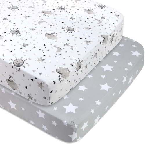 Baby Essentials 2 Pack of 52L x 28W Standard Microfiber Patterned Fitted Elastic Baby Crib Sheets for Newborns, Infants and Toddlers Nursery, Crib, Bed and Mattress in Stars & Moons