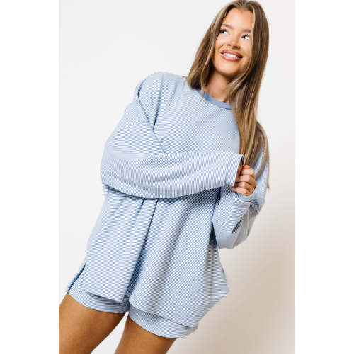 Naomi Striped Oversized Fleece Long Sleeve Top in Micro Nantucket Blue