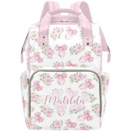 Personalized Pink Bow with Floral Diaper Baby Bag Backpack with Name – Custom Baby Travel Tote for Mom or Dad, Nursing Bag for Girls, Shower Gift for Baby, Daycare Essentials Organizer