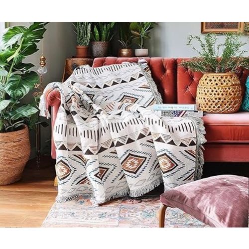 Lqprom Boho Throw Blankets Knit Bed Blankets with Tassel Aztec Western Throws Cover Farmhouse Decor for All Season Sofa Couch Chair Outdoor Camping Picnic Tent Beach Car Traveling 63"x87"