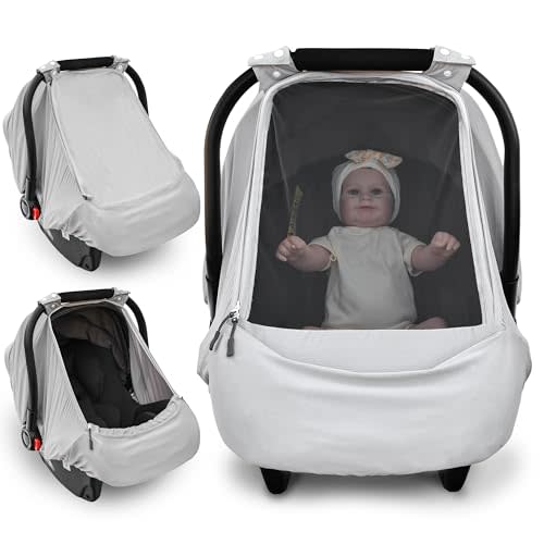 Baby Car Seat Cover,Sunproof Car Seat Canopy for Babies, Extra Large Mesh Window Baby Car Seat Sun Shade Cover,Infant Carseat Covers for Summer/Autumn Use(Gray)