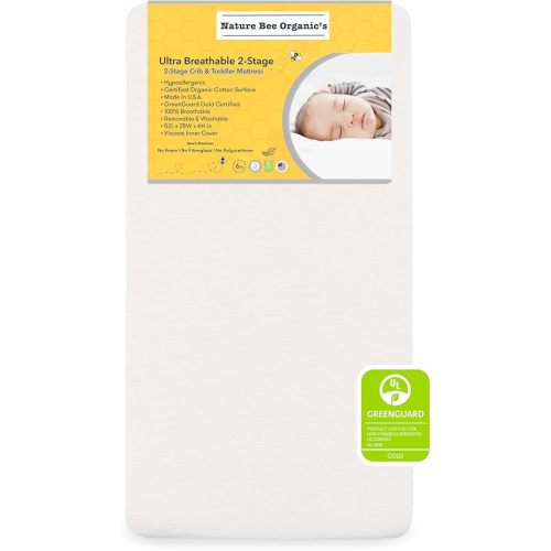 Nature Bee Organic's 2-Stage Ultra Breathable Premium Crib & Toddler Mattress I 100 Hypoallergenic I GreenGuard Gold Certified I 6" Thick Plush Support I 100% Breathable