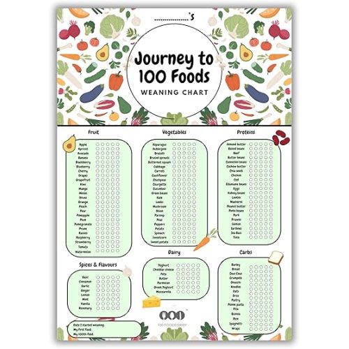 100 Foods Baby Baby Weaning Chart (A3) 100 First Foods Tracker checklist, Baby Food Introduction weaning chart, 6 food groups with progress circles