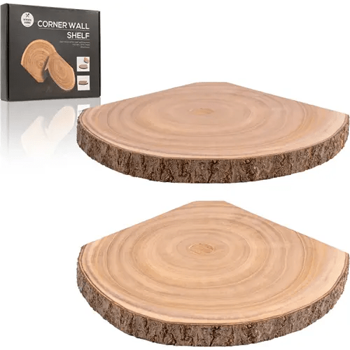 KITCHENMANIA Corner Wall Shelf,Corner Floating Shelves Set of 2, Wood Slices with Bark Decorations Style,Wall Mount Storage Display for Bathroom,Kitchen,Living Room Decor,Bedroom,Office,Plant