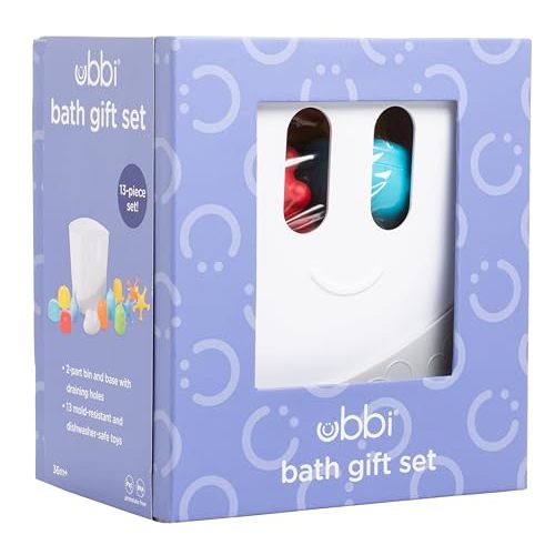 Ubbi Baby Bath Time Essential Gift Set, Includes Drying Bin and 11 Bath Toys, Dishwasher Safe, White