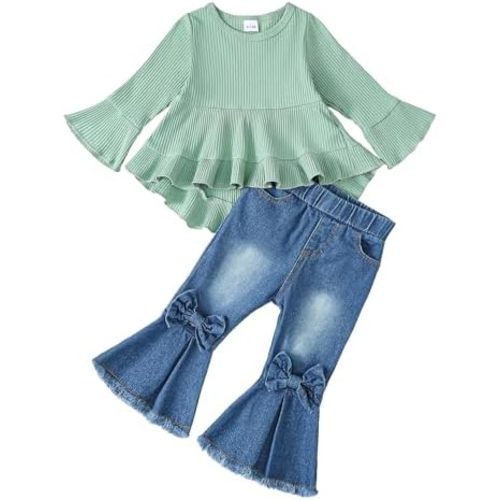 Kucnuzki Toddler Baby Girls Clothes Long Sleeve Shirt Top Flare Denim Jeans Cute Outfit Baby Girl Fall Winter Clothes