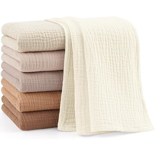 Bearmoss 6 Pack Muslin Burp Cloths for Baby, 100% Cotton Soft Large Burping Cloths for Unisex, Boy, Girl, 23.6" X 23.6" Newborn Essentials Absorbent Milk Spit Up Rags (White Apricot)