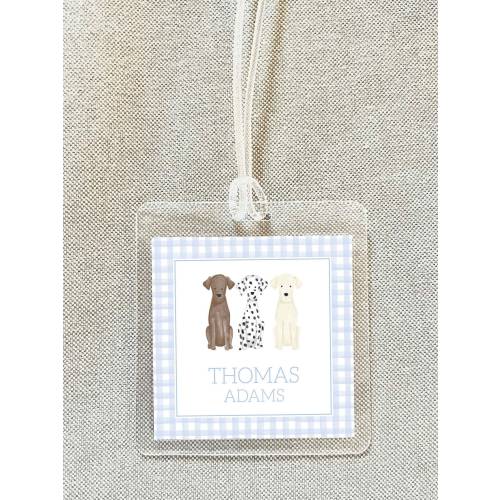 Personalized Watercolor Dog Bag Tag, Laminated Boy Luggage Tag, Gingham Diaper Bag Tag