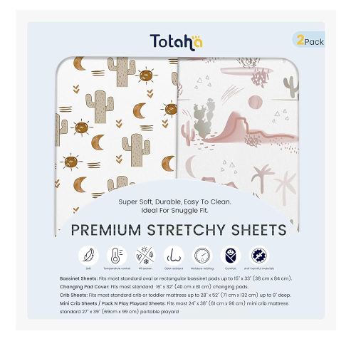 TotAha Premium Stretchy Cactus Bassinet Sheets for Baby, Hypoallergenic, Buttery Soft, Silky Comfort Cradle Sheets Fitted 18 x 36 for Oval, Rectangular, Hourglass Mattress, 2-Pack