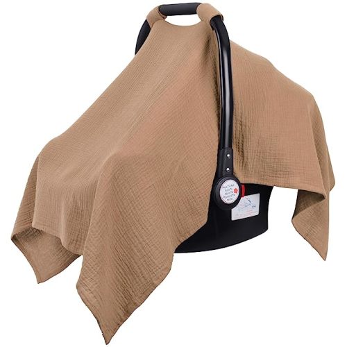 Metplus Muslin Car Seat Cover for Babies - Carseat Stroller Cover Infant Stroller Covers for Boys and Girls, Breathable & Lightweight, Fits Most Strollers & Baby Car Seats - Red Brown