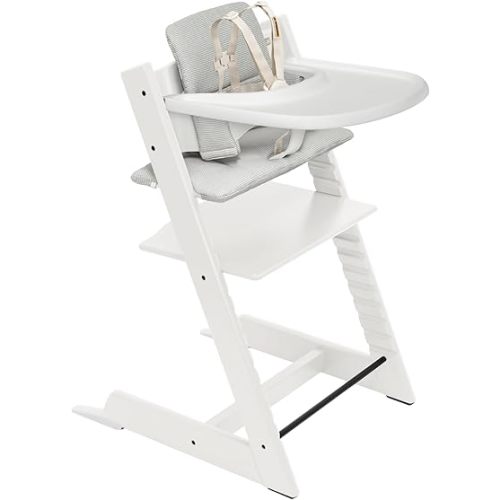 Stokke Tripp Trapp High Chair 2 (White), Cushion 2 (Nordic Grey) + Stokke Tray (White) - Includes Chair + Baby Set with Removable Harness for Children 6-36 Months