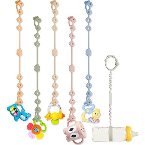 Toy Straps for Baby - 6 Pack Adjustable Silicone Toy Safety Straps and Sippy Cup Straps for Strollers, High Chairs, Cribs, Car Seats, Multi Colors (Blue+Green+Beige+Pink+Khaki+Gray)